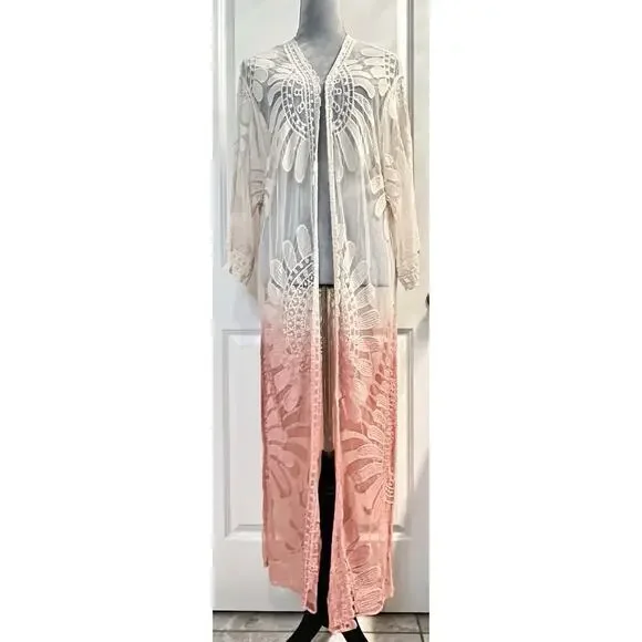 Womens Embroidered Ombre Lace Kimono Boho Sheer 3/4 Sleeve Rose OSFM 48x20 - Picture 2 of 6